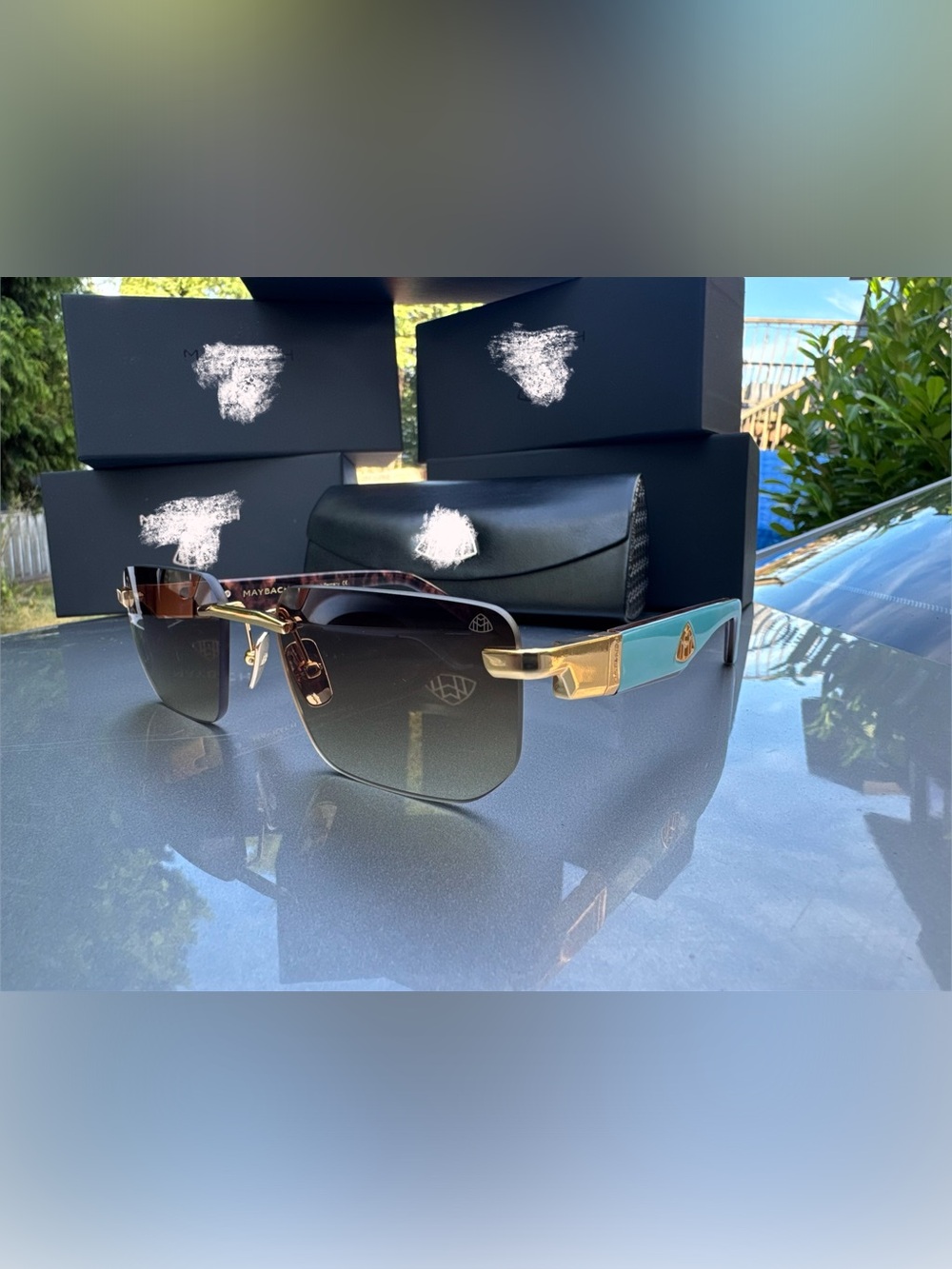 Luxury Square Rim Sunglasses in Gold, Black and Turquoise